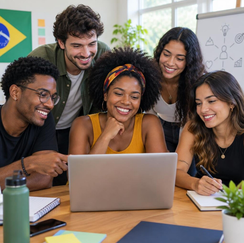 Diverse group of young adults collaborating around a laptop
